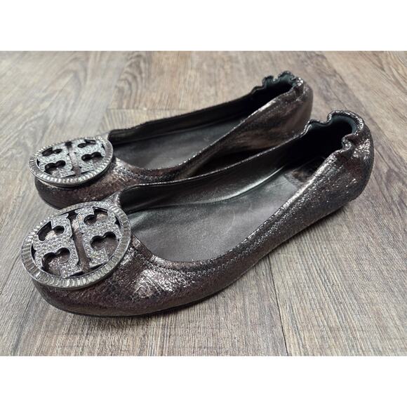 Tory Burch Black Metallic Silver Metal Reva Flat Size 7.5 Shoes Round Toe - Picture 1 of 10